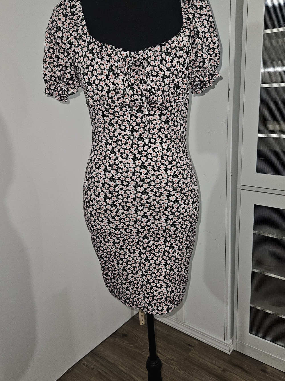 iris Black Midi Dress with Pink Floral Print and Puff Sleeves